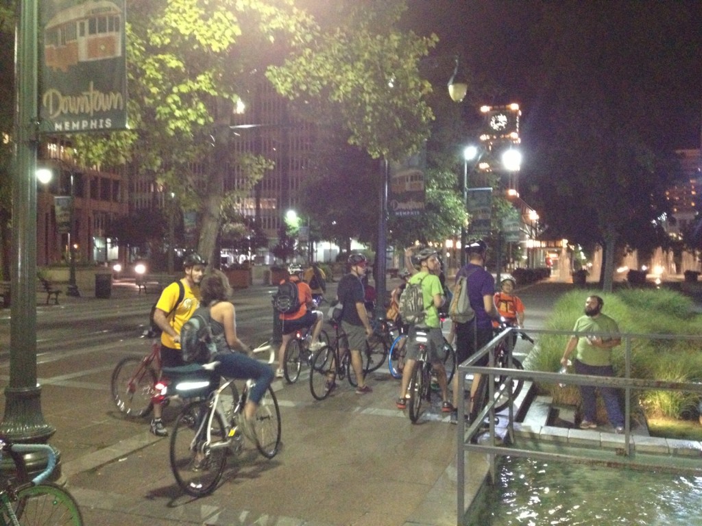 Riding groups with Urban Bicycle Food Ministry rendezvous downtown