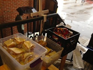  PBJ, meat sandwiches, and chips just waiting to be handed out at St. Mary's Soup Kitchen!