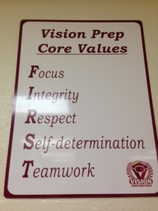 Vision Prep Core Values, posted in each classroom